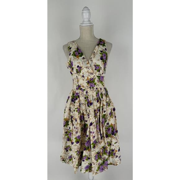 Aryeh Anthropologie Floral Midi Dress Womens Small Sleeveless Cream Purple - Picture 1 of 11